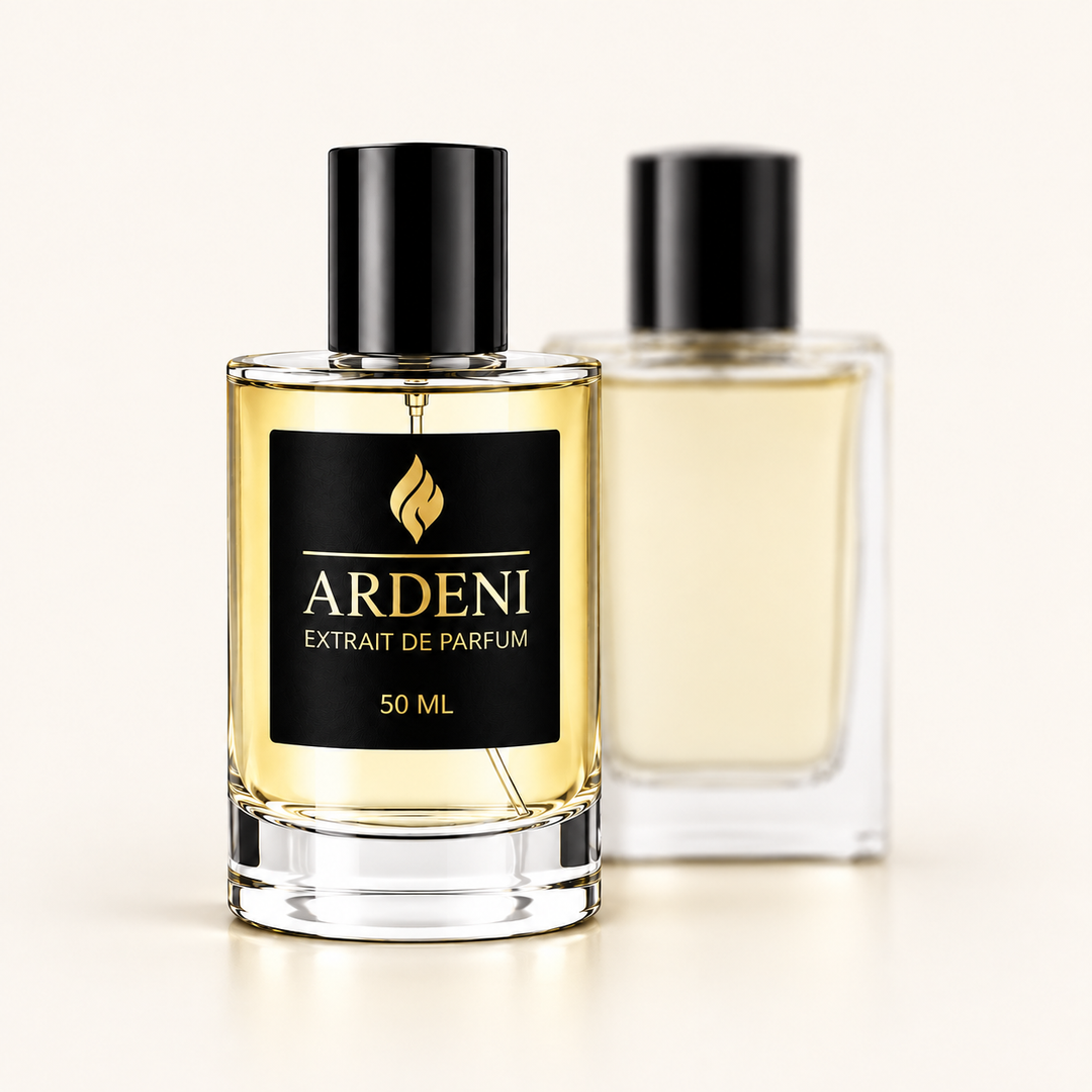ARDENI BOIS IMPERIA Extrait de Parfum im 50-ml-Glasflakon mit schwarzer Kappe vor transparentem Parfumflakon.