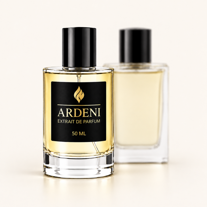 ARDENI BOIS IMPERIA Extrait de Parfum im 50-ml-Glasflakon mit schwarzer Kappe vor transparentem Parfumflakon.