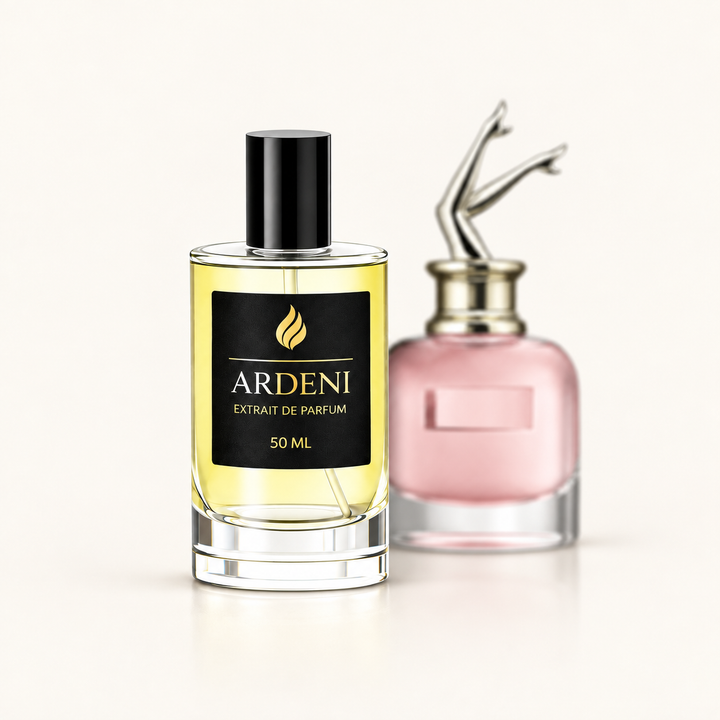 ARDENI SCANDIA Extrait de Parfum im 50-ml-Glasflakon mit schwarzer Kappe vor rosafarbenem Parfumflakon.
