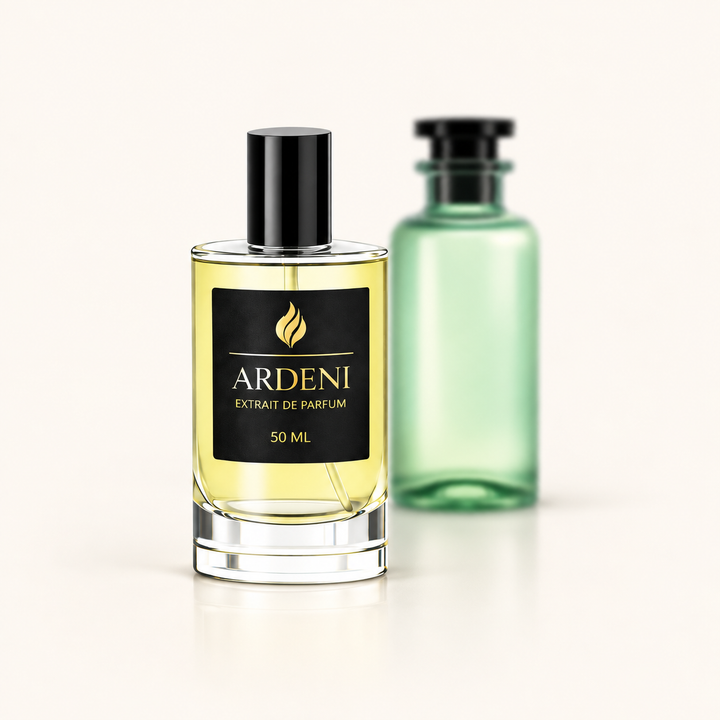 ARDENI PACIFEA Extrait de Parfum im 50-ml-Glasflakon mit schwarzer Kappe vor grünem Parfumflakon.