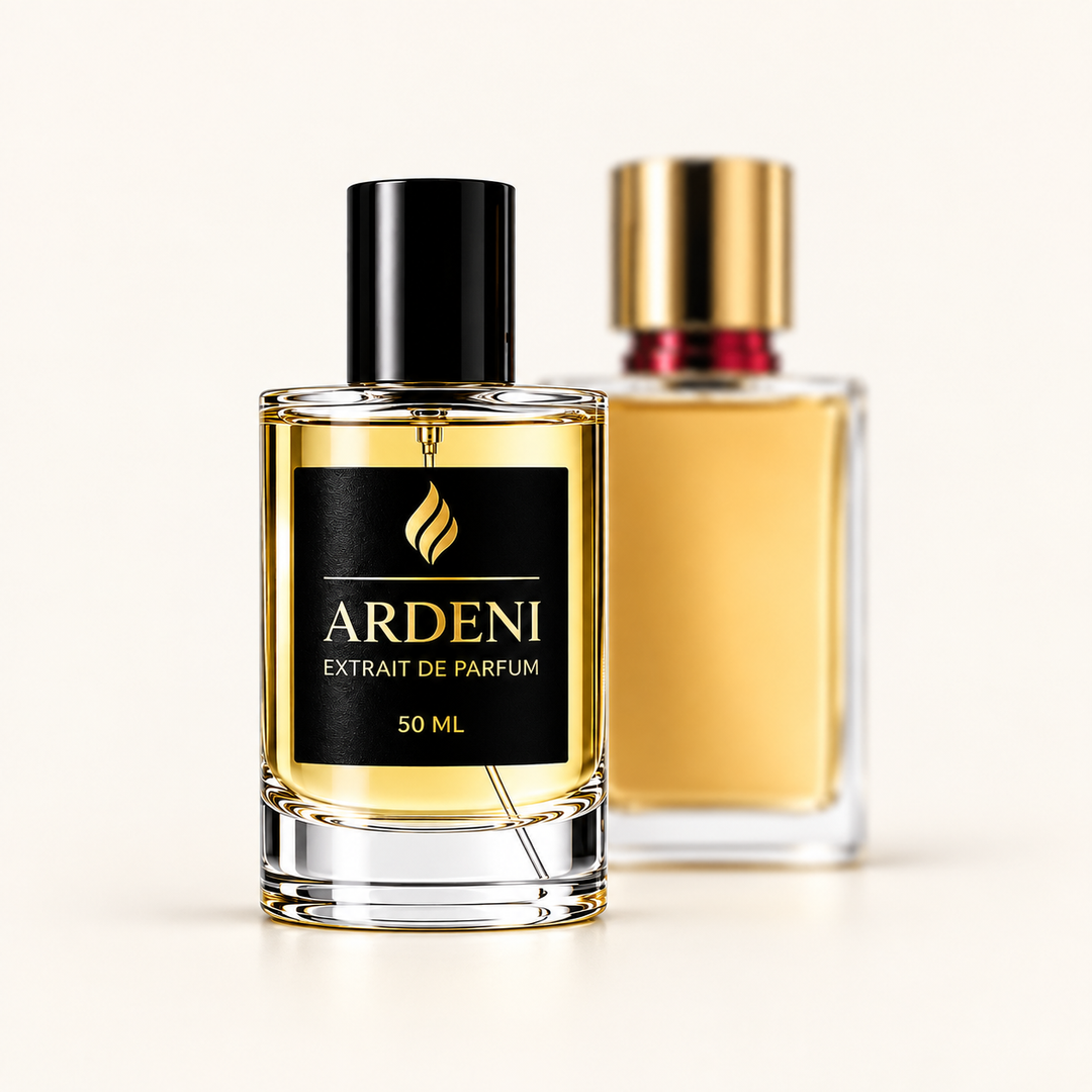 ARDENI TILÉA Extrait de Parfum im 50-ml-Glasflakon mit schwarzer Kappe vor goldgelbem Parfumflakon.