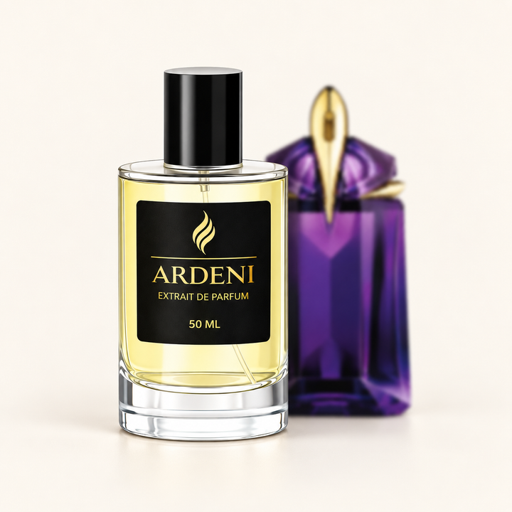 ARDENI ALIENIS Extrait de Parfum im 50-ml-Glasflakon mit schwarzer Kappe vor violettem Parfumflakon.