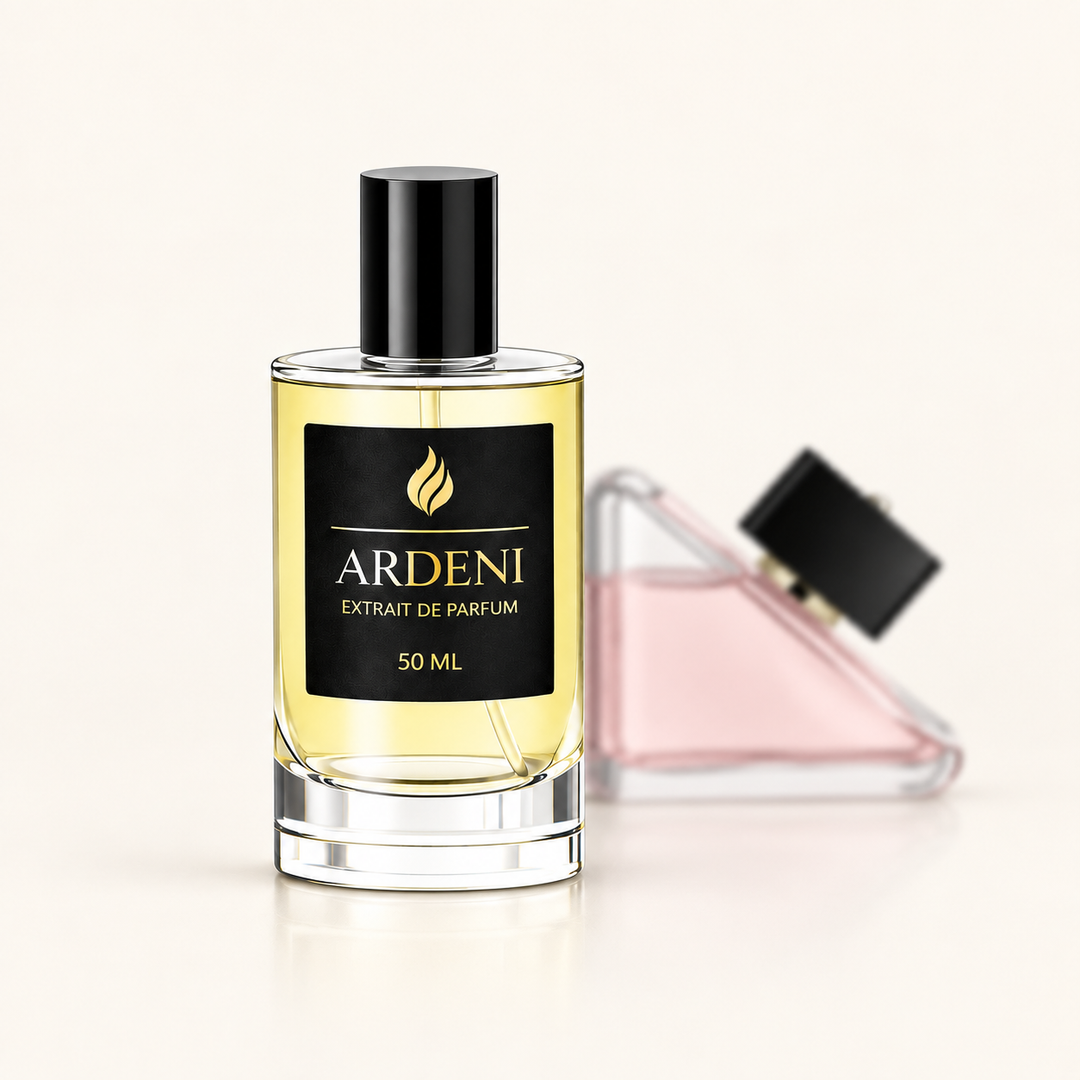 ARDENI PARADOXA Extrait de Parfum im 50-ml-Glasflakon mit schwarzer Kappe vor dreieckigem rosafarbenem Parfumflakon.