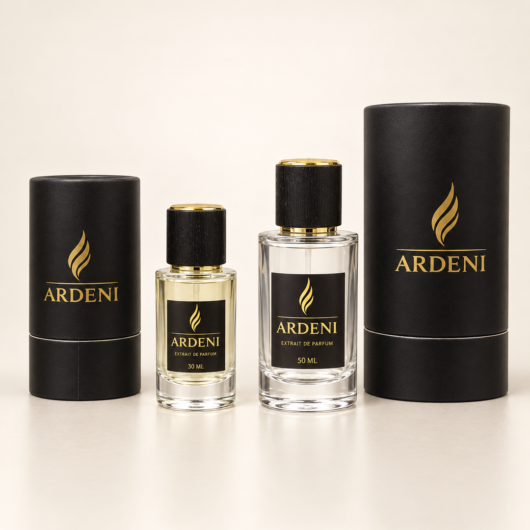 ARDENI Extrait de Parfum in 30 ml und 50 ml neben schwarzen zylindrischen Verpackungen.