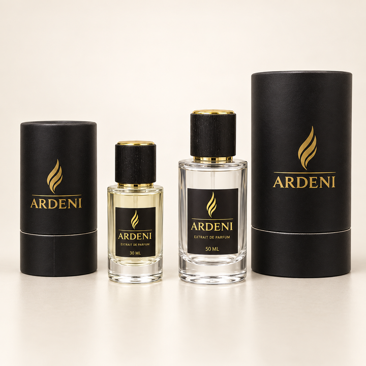 ARDENI Extrait de Parfum in 30 ml und 50 ml neben schwarzen zylindrischen Verpackungen.