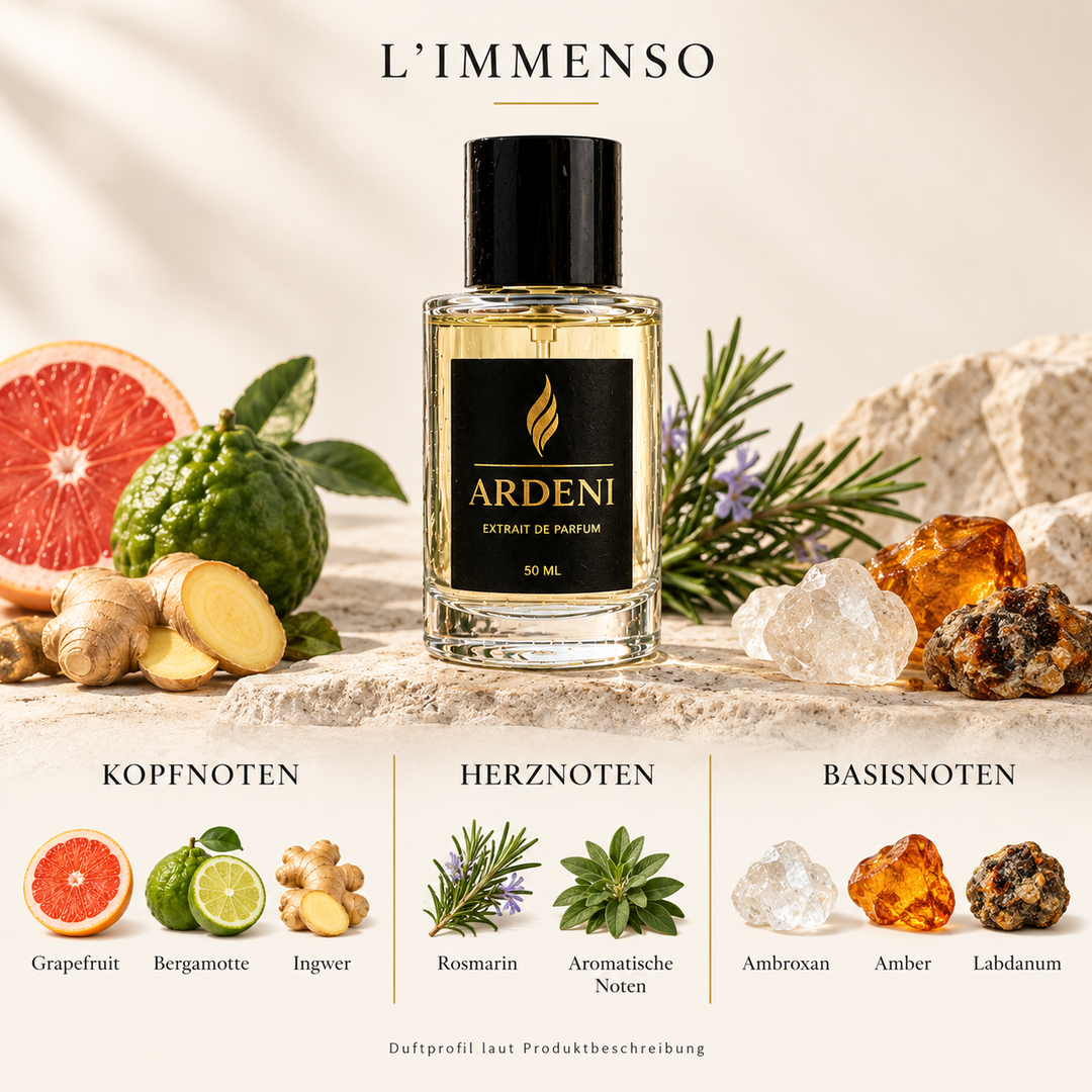 Duftnoten von ARDENI L’IMMENSO: Übersicht der Kopf-, Herz- und Basisnoten mit Grapefruit, Bergamotte, Ingwer und Rosmarin.