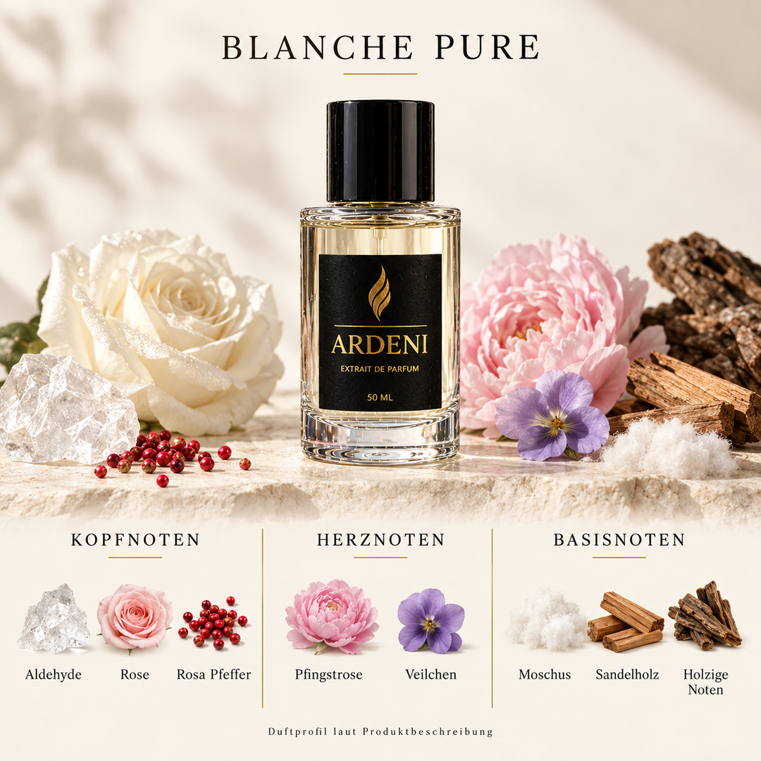Duftnoten von ARDENI BLANCHE PURE: Übersicht der Kopf-, Herz- und Basisnoten mit Rose, rosa Pfeffer, Pfingstrose und Veilchen.