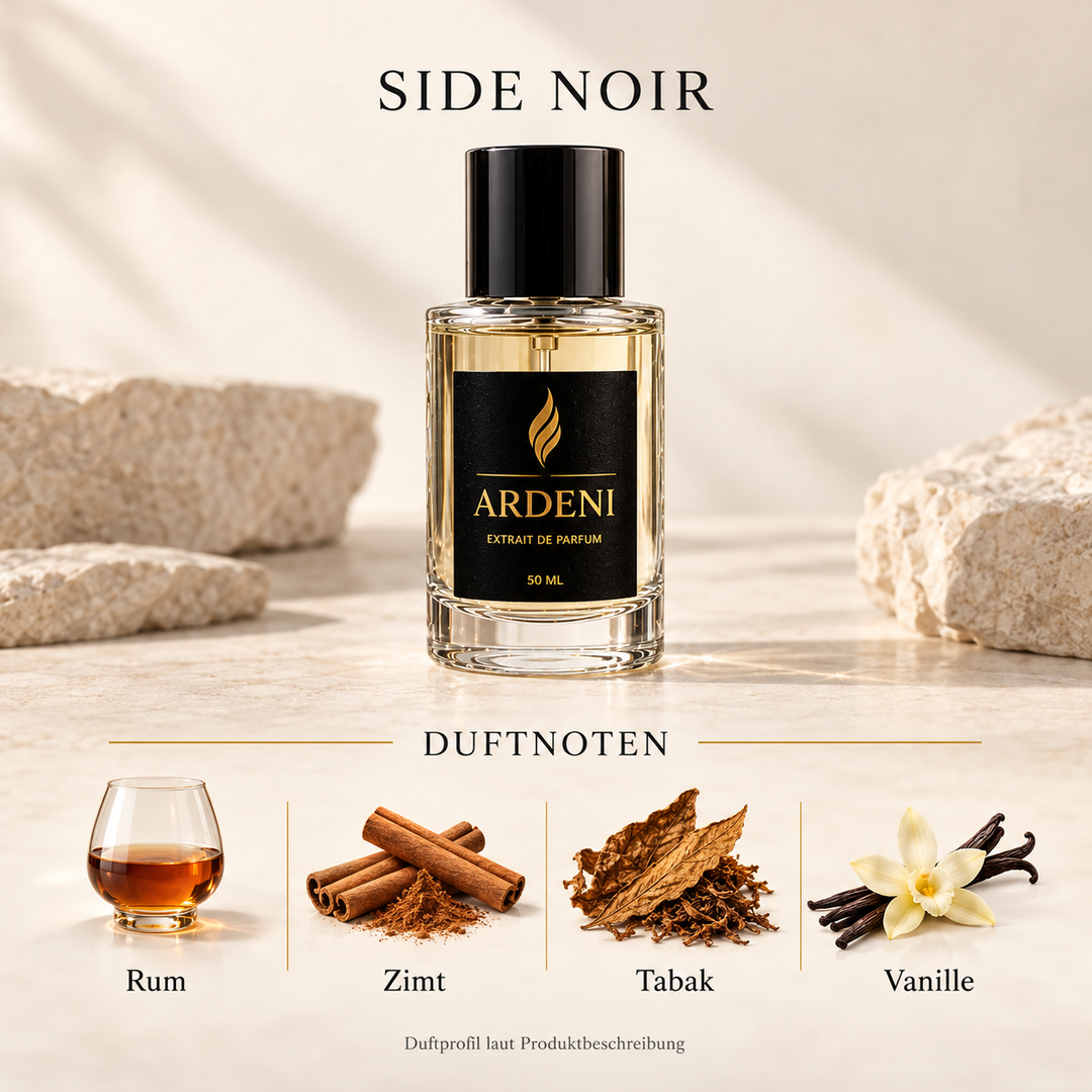 Duftnoten von ARDENI SIDE NOIR: Parfumflakon mit einer Übersicht von Rum, Zimt, Tabak und Vanille.