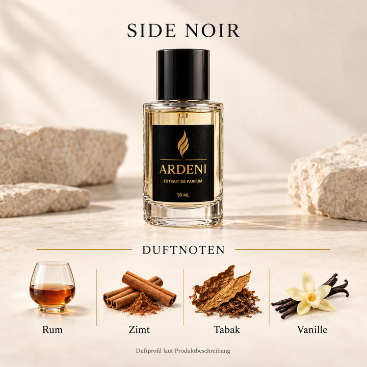 Duftnoten von ARDENI SIDE NOIR: Parfumflakon mit einer Übersicht von Rum, Zimt, Tabak und Vanille.