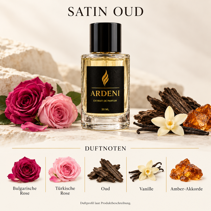 Duftnoten von ARDENI SATIN OUD: Parfumflakon mit bulgarischer und türkischer Rose, Oud, Vanille und Amber.