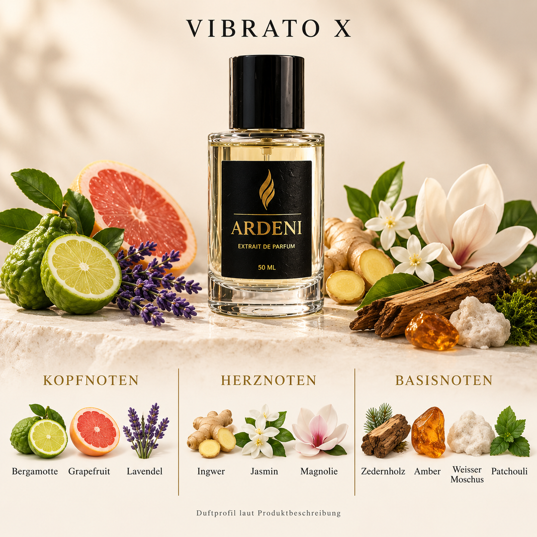 Duftnoten von ARDENI VIBRATO X: Übersicht der Kopf-, Herz- und Basisnoten mit Bergamotte, Grapefruit, Lavendel und Ingwer.