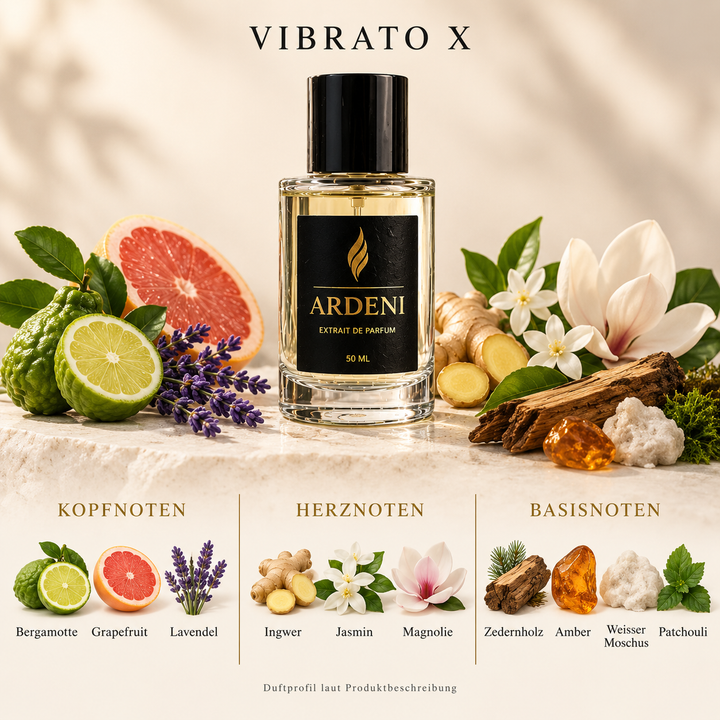 Duftnoten von ARDENI VIBRATO X: Übersicht der Kopf-, Herz- und Basisnoten mit Bergamotte, Grapefruit, Lavendel und Ingwer.