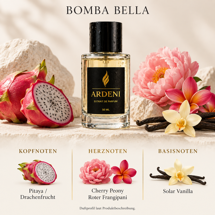 Duftnoten von ARDENI BOMBA BELLA: Parfumflakon mit Drachenfrucht, Pfingstrose, Frangipani und Vanille.