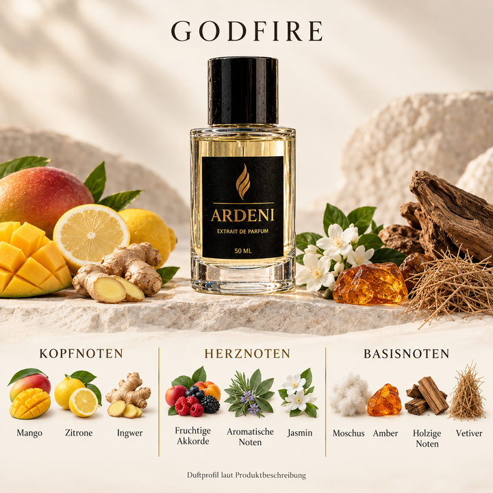 Duftnoten von ARDENI GODFIRE: Übersicht der Kopf-, Herz- und Basisnoten mit Mango, Zitrone, Ingwer und Jasmin.