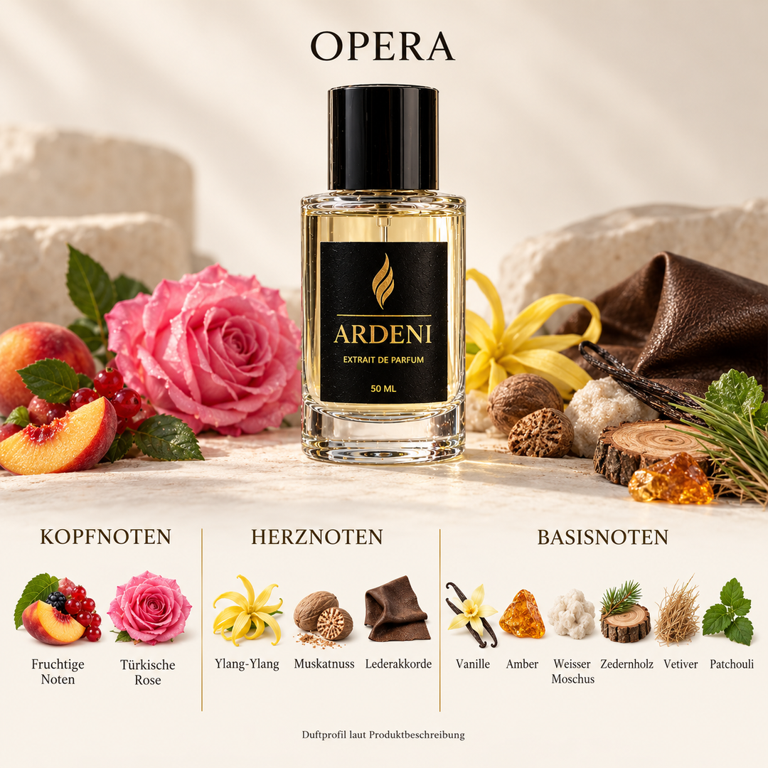 Duftnoten von ARDENI OPERA: Übersicht der Kopf-, Herz- und Basisnoten mit Früchten, Rose, Ylang-Ylang, Muskatnuss und Leder.