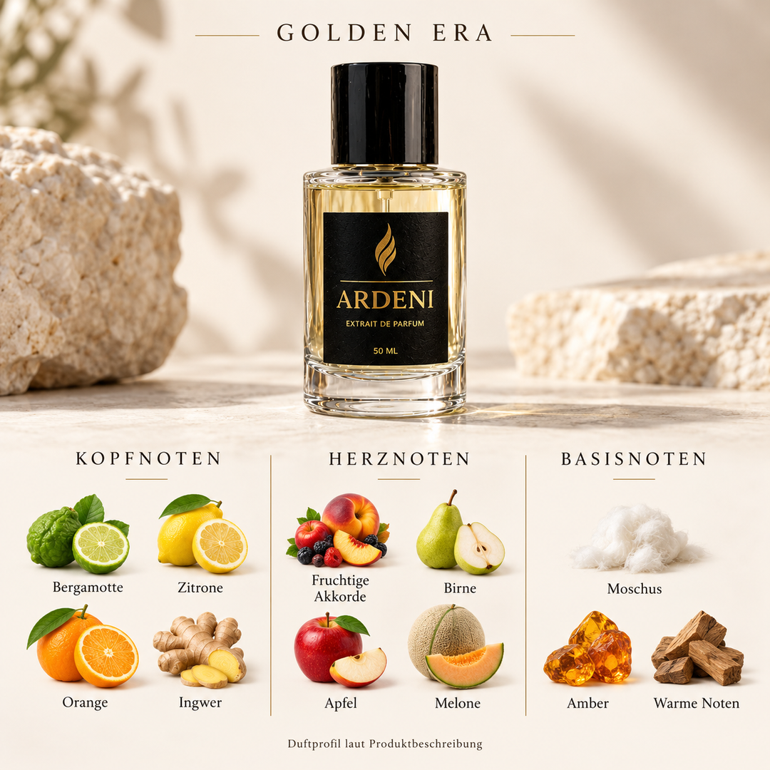 Duftnoten von ARDENI GOLDEN ERA: Übersicht der Kopf-, Herz- und Basisnoten mit Zitrusfrüchten, Ingwer, Birne, Apfel und Melone.