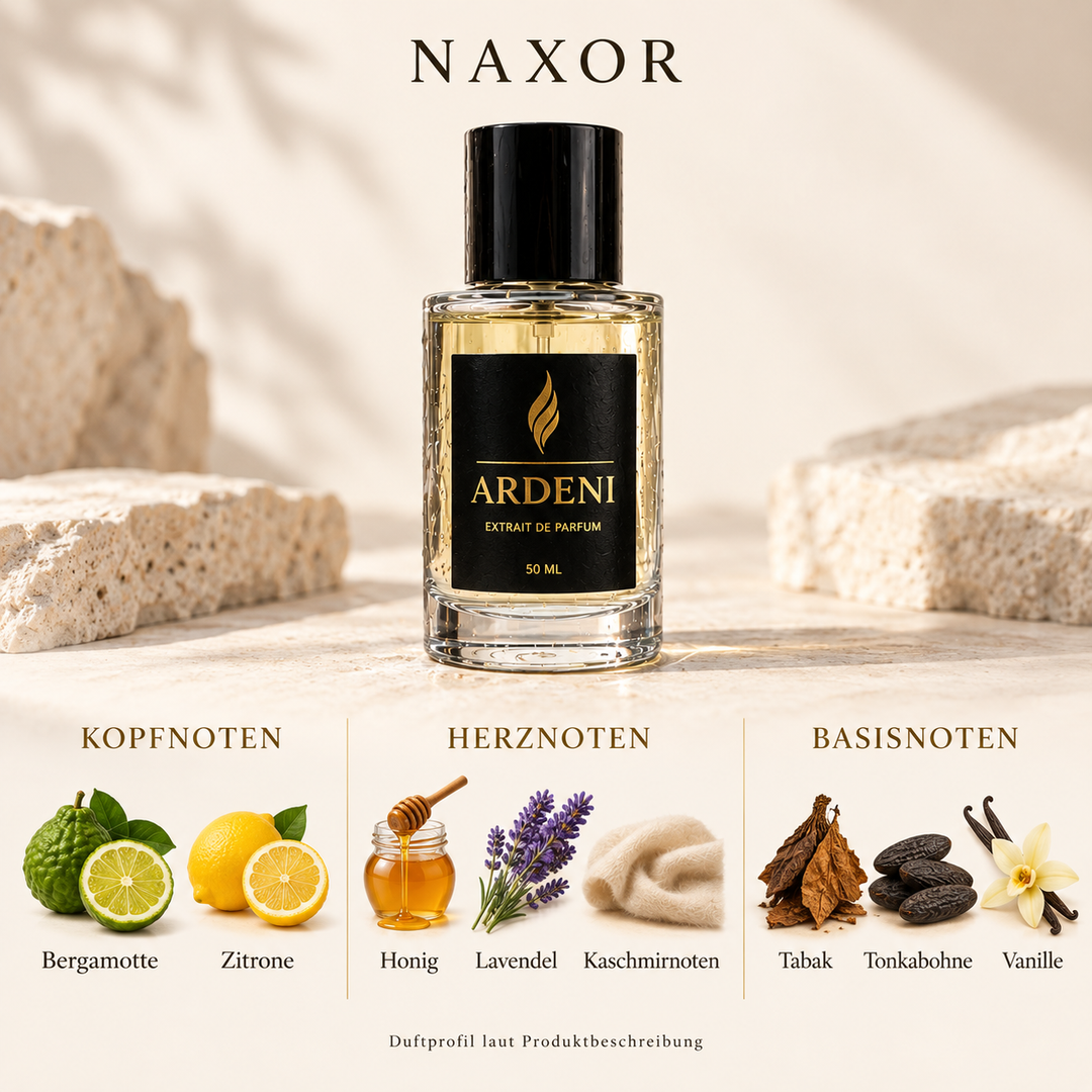 Duftnoten von ARDENI NAXOR: Übersicht der Kopf-, Herz- und Basisnoten mit Bergamotte, Zitrone, Honig, Lavendel und Tabak.