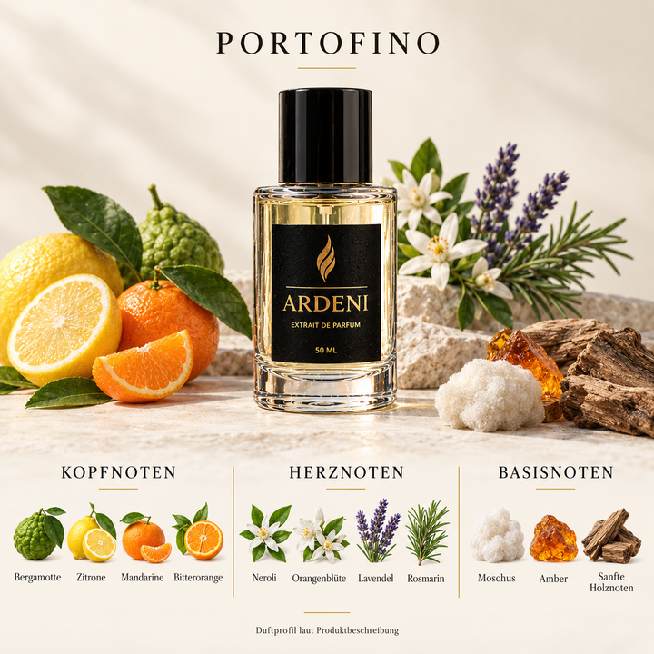 Duftnoten von ARDENI PORTOFINO: Übersicht der Kopf-, Herz- und Basisnoten mit Zitrusfrüchten, Neroli, Lavendel und Rosmarin.
