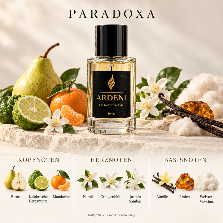 Duftnoten von ARDENI PARADOXA: Übersicht der Kopf-, Herz- und Basisnoten mit Birne, Bergamotte, Mandarine und weissen Blüten.