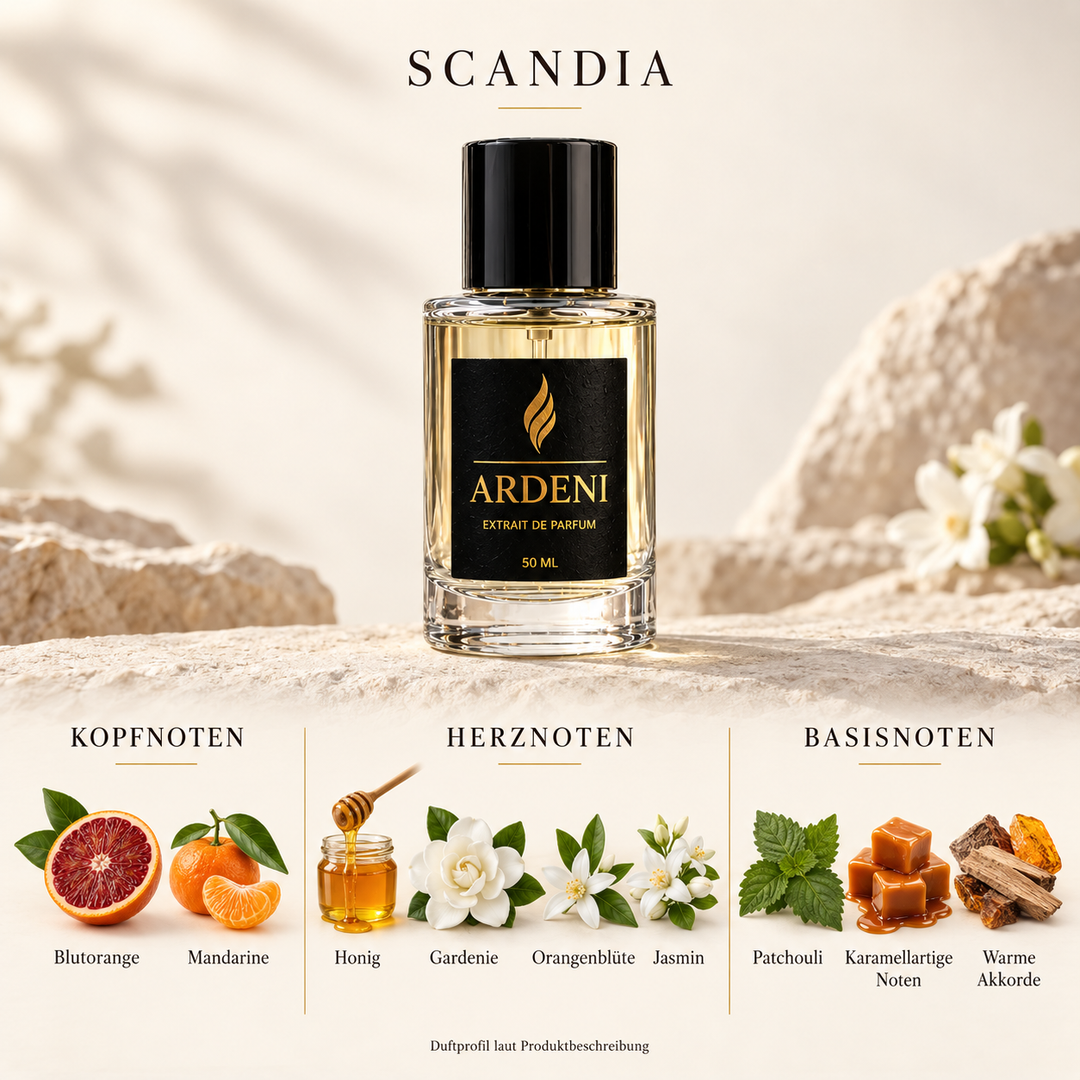 Duftnoten von ARDENI SCANDIA: Übersicht der Kopf-, Herz- und Basisnoten mit Blutorange, Mandarine, Honig und weissen Blüten.