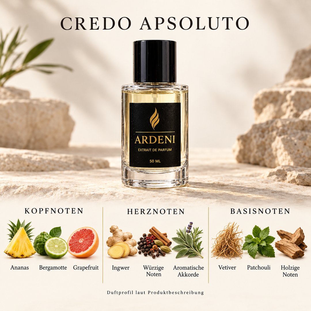 Duftnoten von ARDENI CREDO APSOLUTO: Übersicht der Kopf-, Herz- und Basisnoten mit Ananas, Bergamotte, Grapefruit und Ingwer.