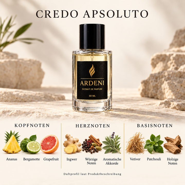 Duftnoten von ARDENI CREDO APSOLUTO: Übersicht der Kopf-, Herz- und Basisnoten mit Ananas, Bergamotte, Grapefruit und Ingwer.