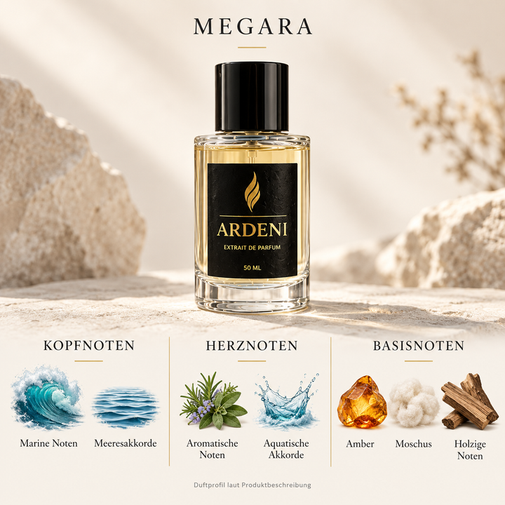 Duftnoten von ARDENI MEGARA: Übersicht der Kopf-, Herz- und Basisnoten mit Meereswellen, Kräutern, Amber und Holz.