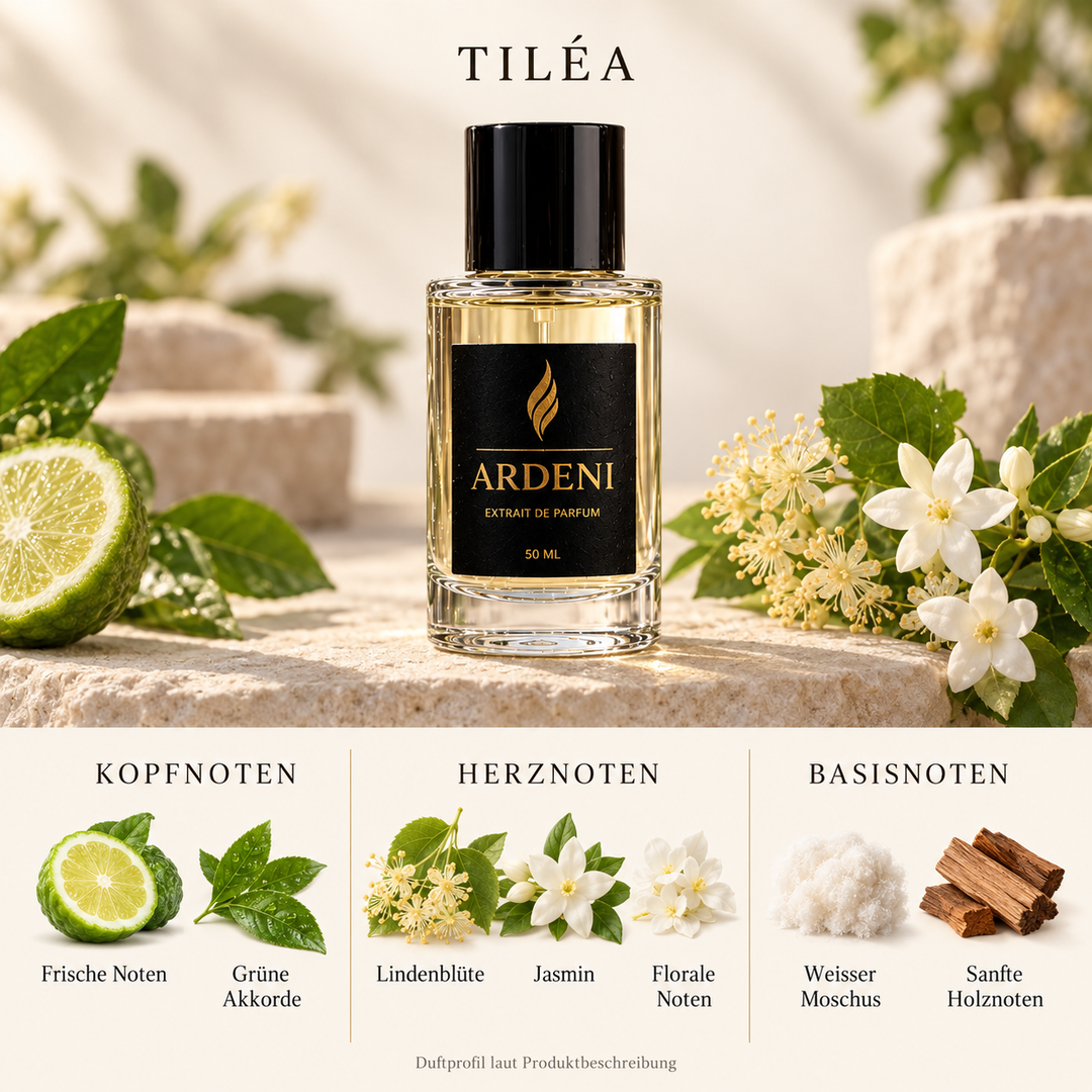 Duftnoten von ARDENI TILÉA: Übersicht der Kopf-, Herz- und Basisnoten mit Zitrusfrucht, grünen Blättern, Lindenblüte und Jasmin.