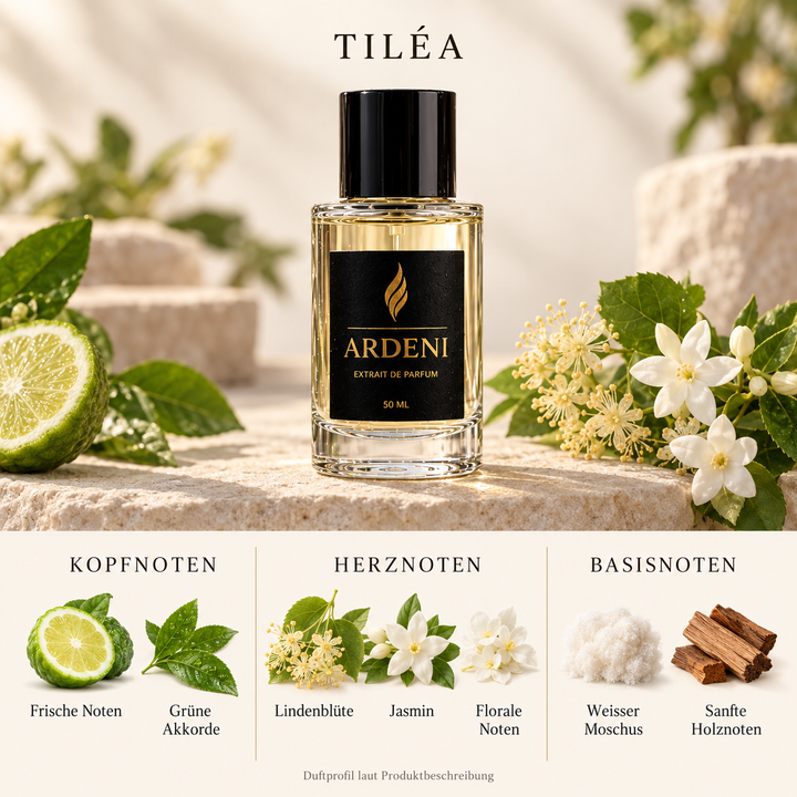 Duftnoten von ARDENI TILÉA: Übersicht der Kopf-, Herz- und Basisnoten mit Zitrusfrucht, grünen Blättern, Lindenblüte und Jasmin.