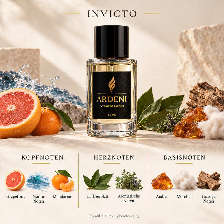 Duftnoten von ARDENI INVICTO: Übersicht der Kopf-, Herz- und Basisnoten mit Grapefruit, Mandarine, Lorbeer und Holz.