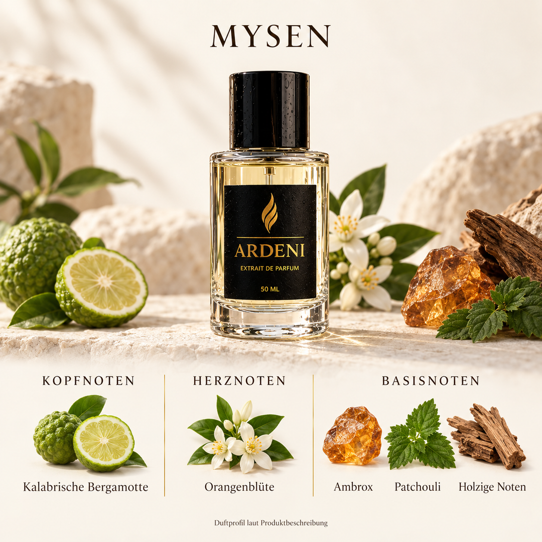 Duftnoten von ARDENI MYSEN: Übersicht der Kopf-, Herz- und Basisnoten mit Bergamotte, Orangenblüte, Amber und Patchouli.