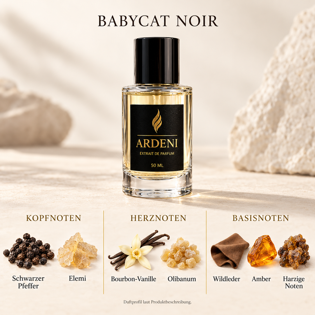 Duftnoten von ARDENI BABYCAT NOIR: Übersicht der Kopf-, Herz- und Basisnoten mit schwarzem Pfeffer, Elemi, Vanille und Wildleder.