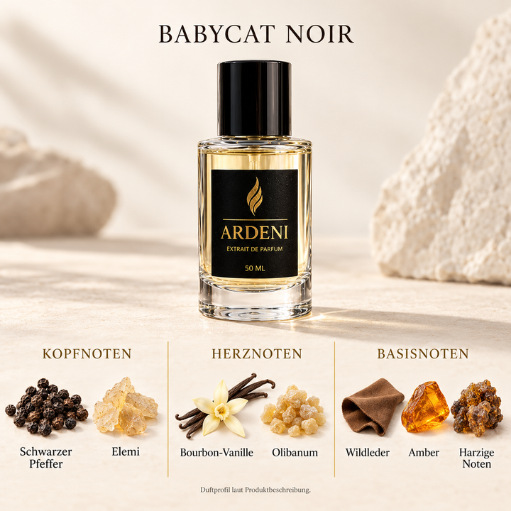 Duftnoten von ARDENI BABYCAT NOIR: Übersicht der Kopf-, Herz- und Basisnoten mit schwarzem Pfeffer, Elemi, Vanille und Wildleder.
