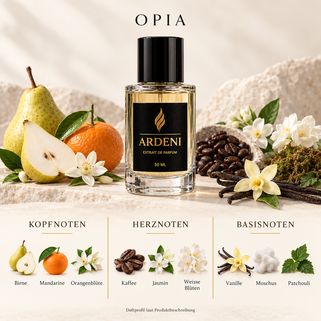 Duftnoten von ARDENI OPIA: Übersicht der Kopf-, Herz- und Basisnoten mit Birne, Mandarine, Kaffee und Vanille.