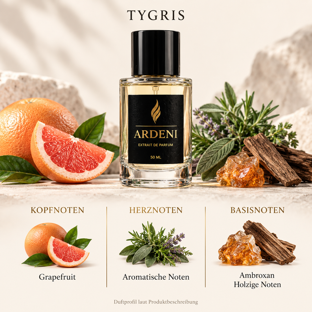 Duftnoten von ARDENI TYGRIS: Übersicht der Kopf-, Herz- und Basisnoten mit Grapefruit, aromatischen Kräutern, Ambroxan und Holz.