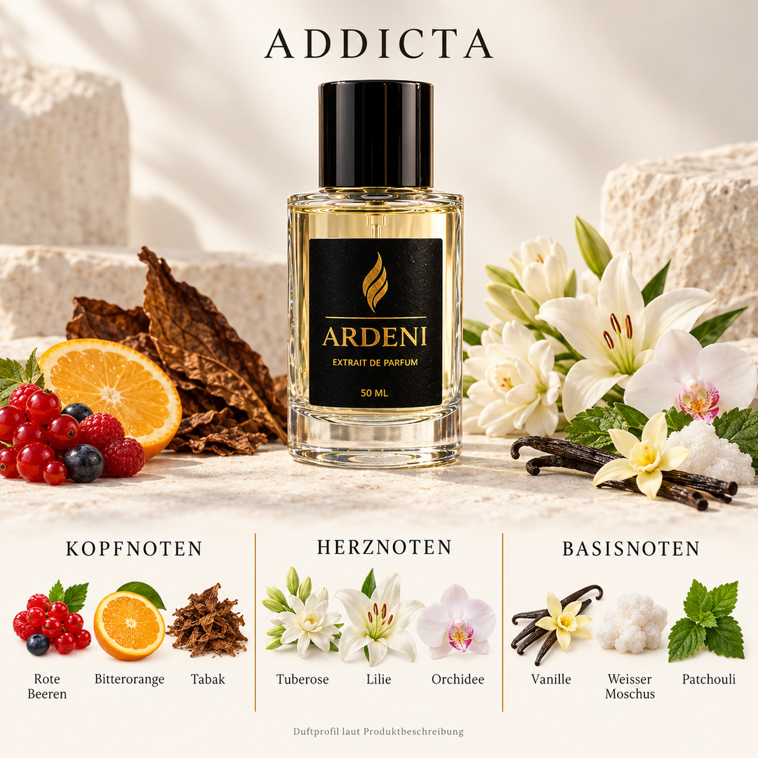Duftnoten von ARDENI ADDICTA: Übersicht der Kopf-, Herz- und Basisnoten mit roten Beeren, Blutorange, Tabak und weissen Blüten.