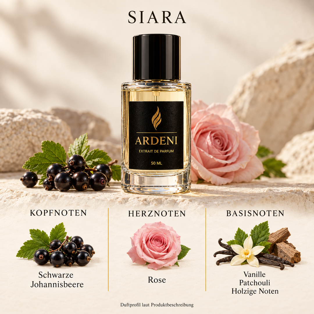 Duftnoten von ARDENI SIARA: Übersicht der Kopf-, Herz- und Basisnoten mit schwarzen Johannisbeeren, Rose, Vanille und Patchouli.