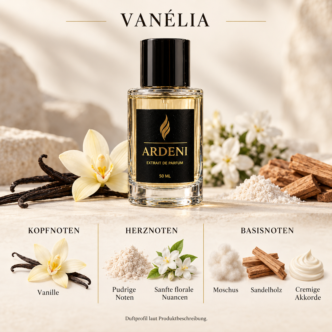 Duftnoten von ARDENI VANÉLIA: Übersicht der Kopf-, Herz- und Basisnoten mit Vanille, Blüten und Sandelholz.