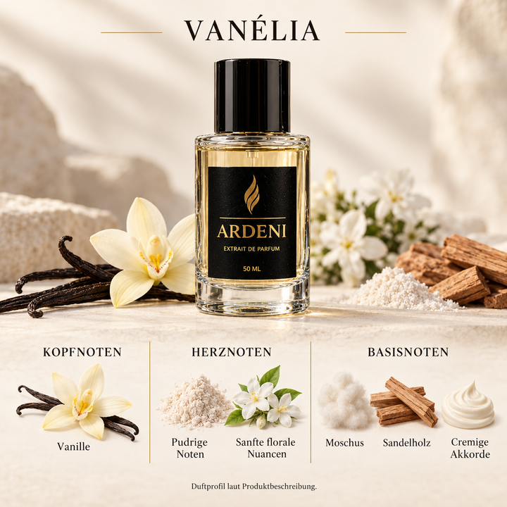 Duftnoten von ARDENI VANÉLIA: Übersicht der Kopf-, Herz- und Basisnoten mit Vanille, Blüten und Sandelholz.