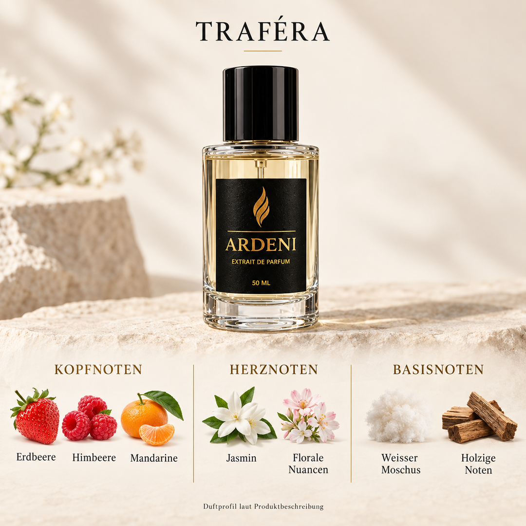 Duftnoten von ARDENI TRAFÉRA: Übersicht der Kopf-, Herz- und Basisnoten mit Erdbeere, Himbeere, Mandarine und Jasmin.