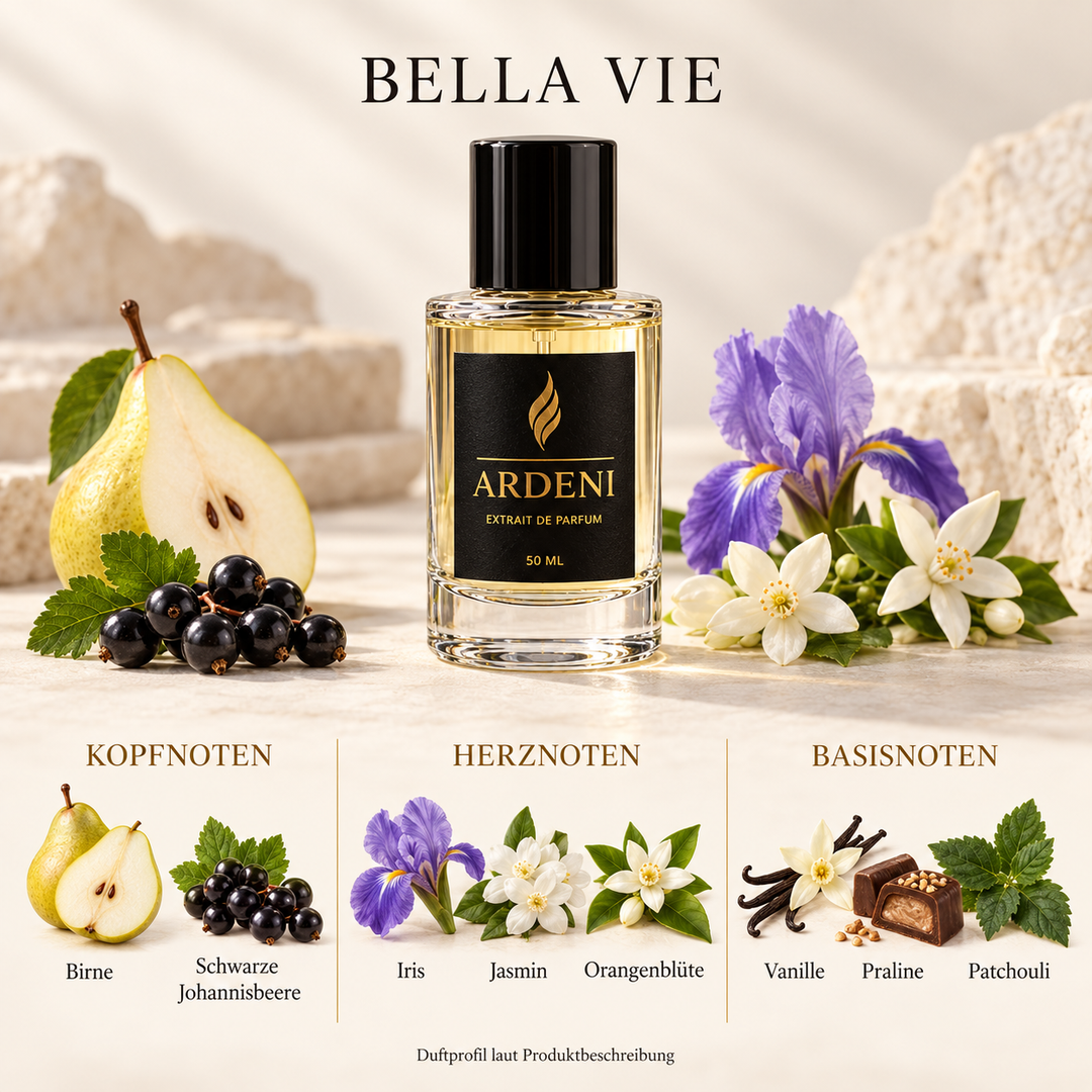 Duftnoten von ARDENI BELLA VIE: Übersicht der Kopf-, Herz- und Basisnoten mit Birne, schwarzen Johannisbeeren, Iris und Vanille.
