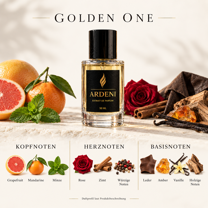 Duftnoten von ARDENI GOLDEN ONE: Übersicht der Kopf-, Herz- und Basisnoten mit Grapefruit, Mandarine, Minze, Rose und Zimt.