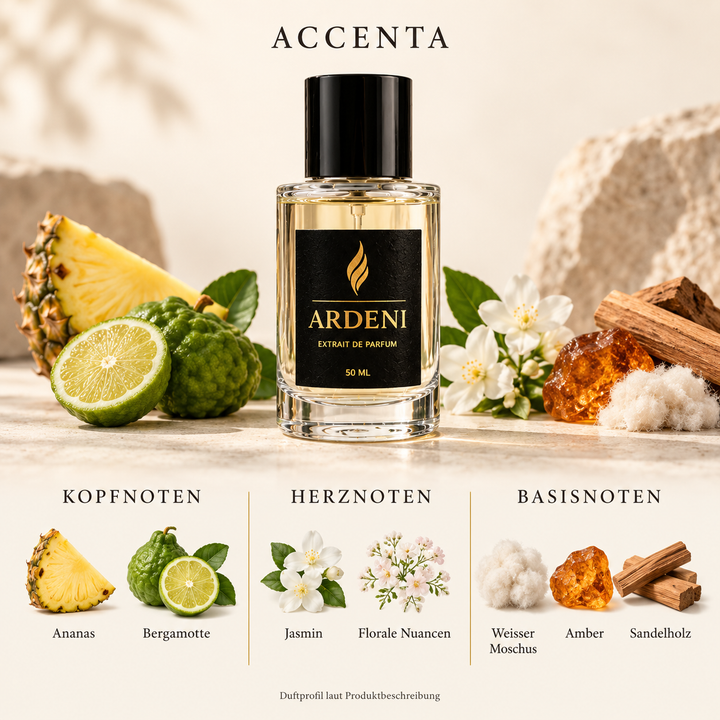 Duftnoten von ARDENI ACCENTA: Übersicht der Kopf-, Herz- und Basisnoten mit Ananas, Bergamotte, Jasmin und Sandelholz.