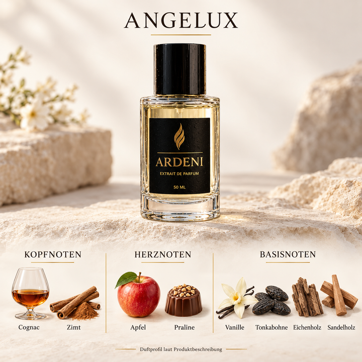 Duftnoten von ARDENI ANGELUX: Übersicht der Kopf-, Herz- und Basisnoten mit Cognac, Zimt, Apfel und Praline.