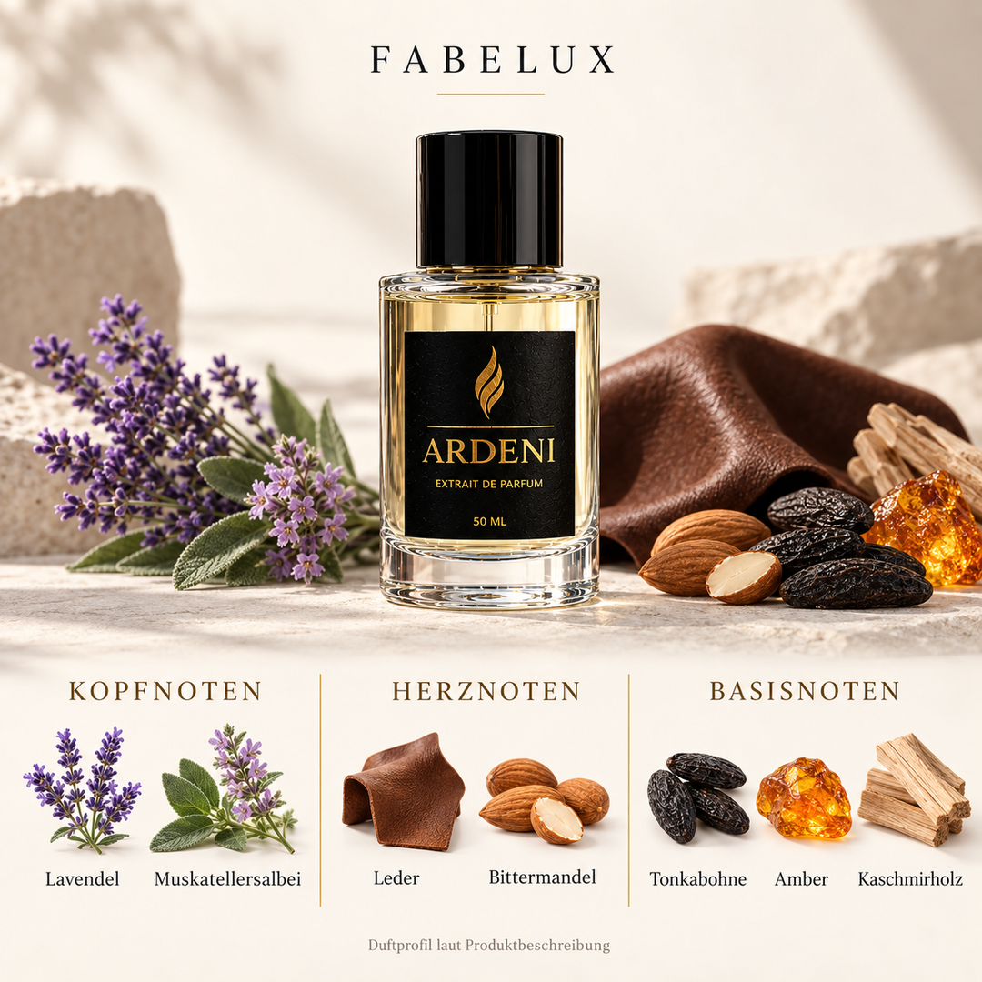 Duftnoten von ARDENI FABELUX: Übersicht der Kopf-, Herz- und Basisnoten mit Lavendel, Muskatellersalbei, Leder und Bittermandeln.