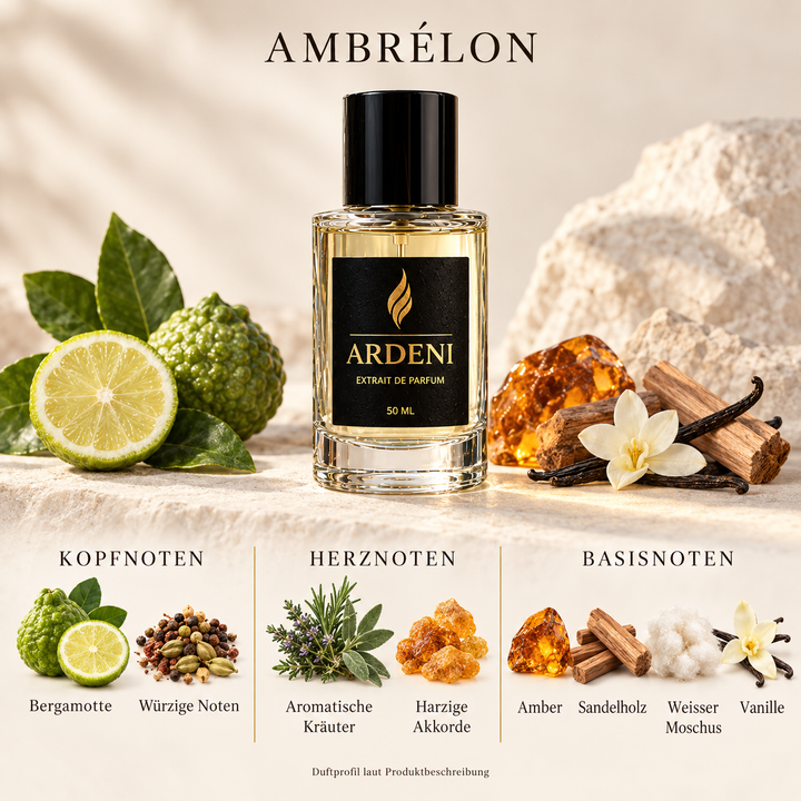 Duftnoten von ARDENI AMBRÉLON: Übersicht der Kopf-, Herz- und Basisnoten mit Bergamotte, Gewürzen, Amber und Vanille.