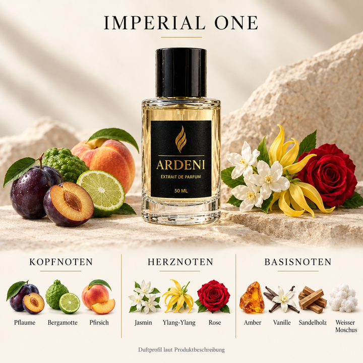 Duftnoten von ARDENI IMPERIAL ONE: Übersicht der Kopf-, Herz- und Basisnoten mit Pflaume, Bergamotte, Pfirsich und Rose.