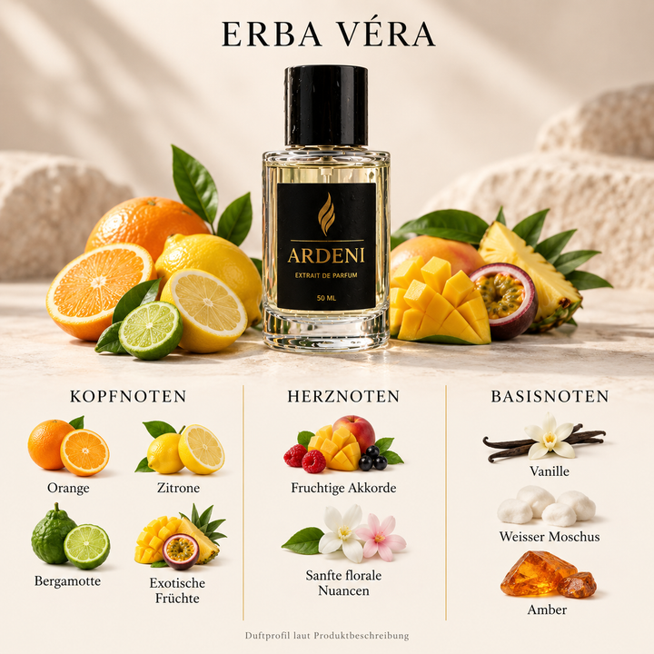 Duftnoten von ARDENI ERBA VÉRA: Übersicht der Kopf-, Herz- und Basisnoten mit Zitrusfrüchten, exotischen Früchten und Vanille.