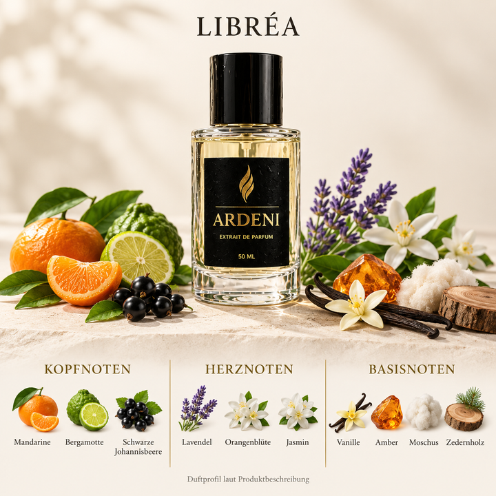 Duftnoten von ARDENI LIBRÉA: Übersicht der Kopf-, Herz- und Basisnoten mit Mandarine, Bergamotte, Lavendel und Orangenblüte.