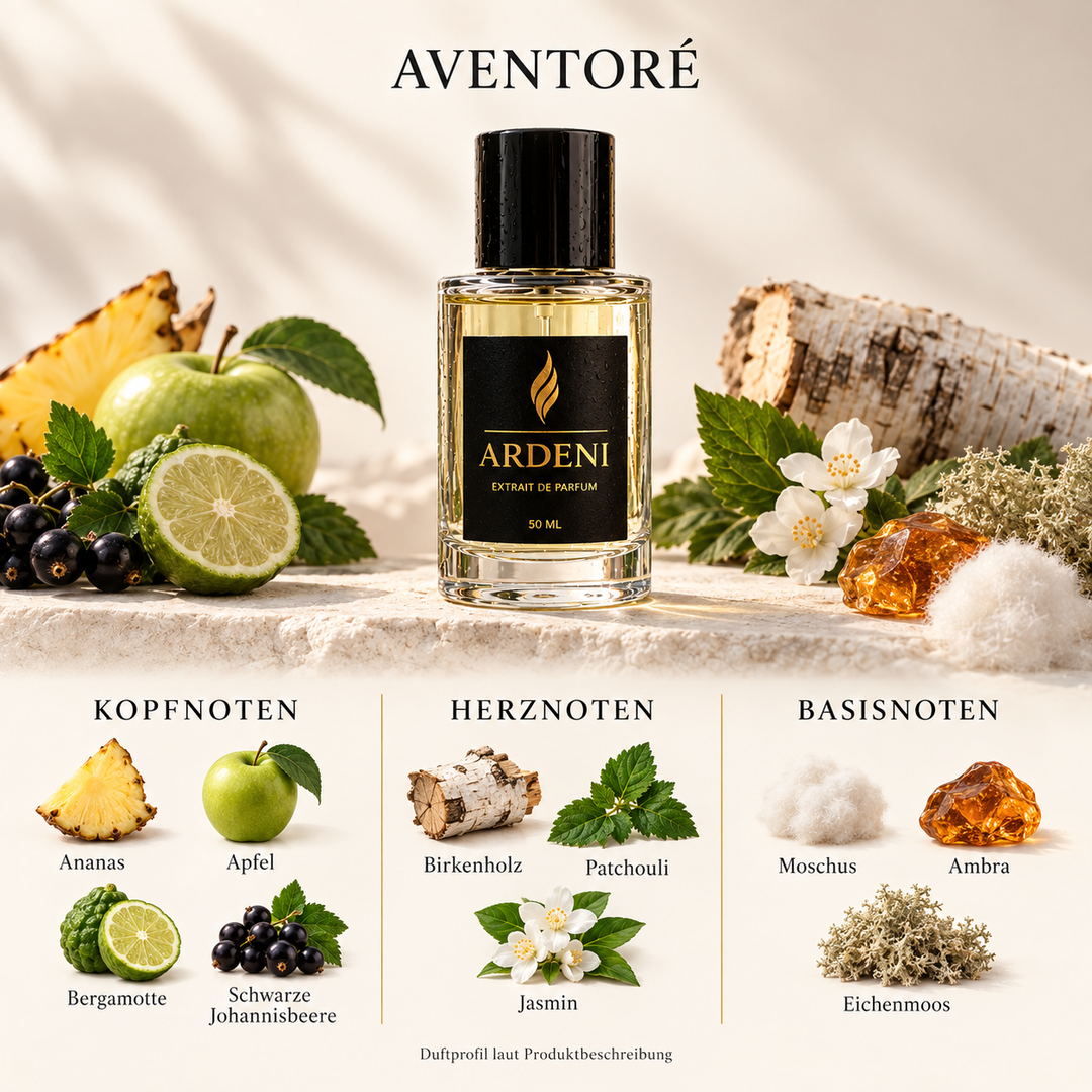 Duftnoten von ARDENI AVENTORÉ: Übersicht der Kopf-, Herz- und Basisnoten mit Ananas, Apfel, Birkenholz und schwarzen Johannisbeeren.